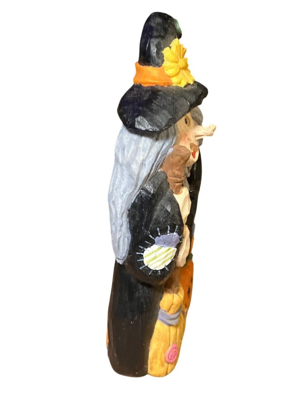 Hand Painted Halloween Witch Figurine With Broom & Pumpkin Rustic Fall Decor - Picture 7 of 11